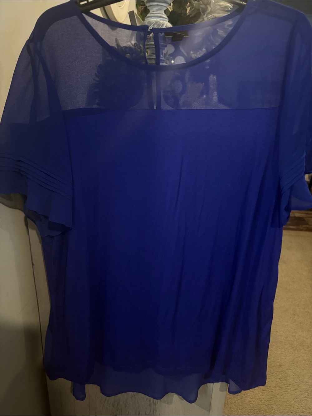 Worthington Royal Blue Sheer Yoke Short Sleeve Blouse